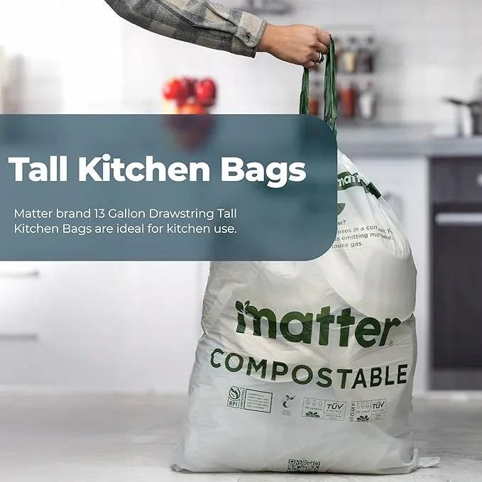 Matter Compostable 13 Gallon Tall Kitchen Trash Bags with Drawstring, Eco-Friendly, Unscented, Durable, Leak-Resistant, 60 Count - NeatNest