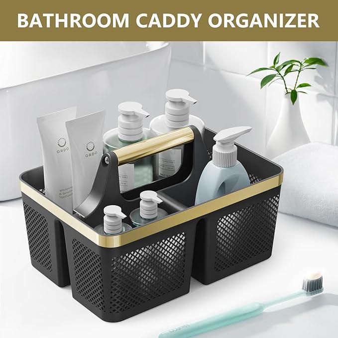 Shower Caddy Dorm Men: Plastic Bathroom Caddy Organizer with Handle and Holes, Bath Caddy for College Dorm, Portable Shower Basket Tote for Toiletry, Travel, GYM, Camp Essentials Black/Gold - NeatNest