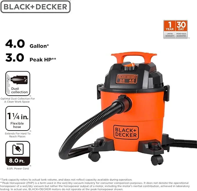 BLACK+DECKER Shop Vacuum Wet and Dry, 4 Gallon 3-in-1 Portable Shop Vac with Accessories, Workshop, Garage, Home and Car Vacuum Cleaner, 3 HP(BDXV18301P-4A) - NeatNest
