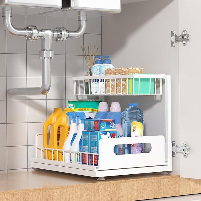 Under Sink Organizer, 2 Tier Pull Out Cabinet Organizer,Slide out Metal Cabinet Organizers Multi-Purpose Drawer Shelf for Kitchen Bathroom Pantry Cabinet Closet Organization Rack,White 1 Pack - NeatNest