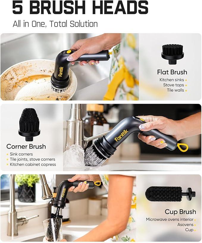 Fanttik G9 Handy Cordless Electric Spin Scrubber, MagnaStorm Motor, Dual-Speed, 5 Brush Heads, LED Display, IPX7 Waterproof, 2500mAh with Type-C Charging, for Kitchen, Sink, Tile, Stove - NeatNest