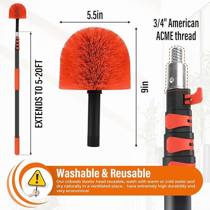 26 FT Cobweb Duster with Extension Pole,Spider Web Brush with Pole Extend 5-20FT,Spiderweb Cleaner with 4-Stage Telescopic Aluminum Pole,Spider Brush Cobweb for Outdoor & Indoor Cleaning - NeatNest