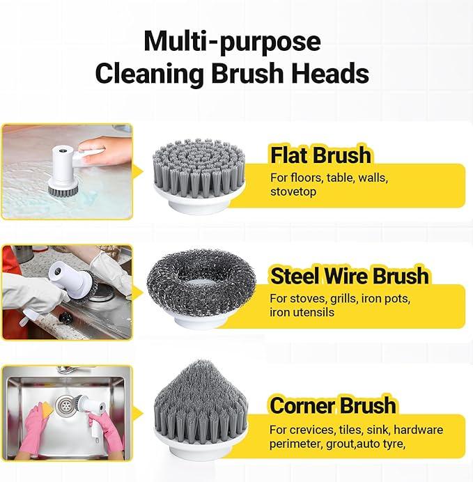 Electric Spin Scrubber, 3000 mAh Cordless Power With 8 Replaceable Heads, Dual Speed Lightweight Handheld for Cleaning Stove/Bowl/Sink/Corner/Tile/Grout (White) - NeatNest