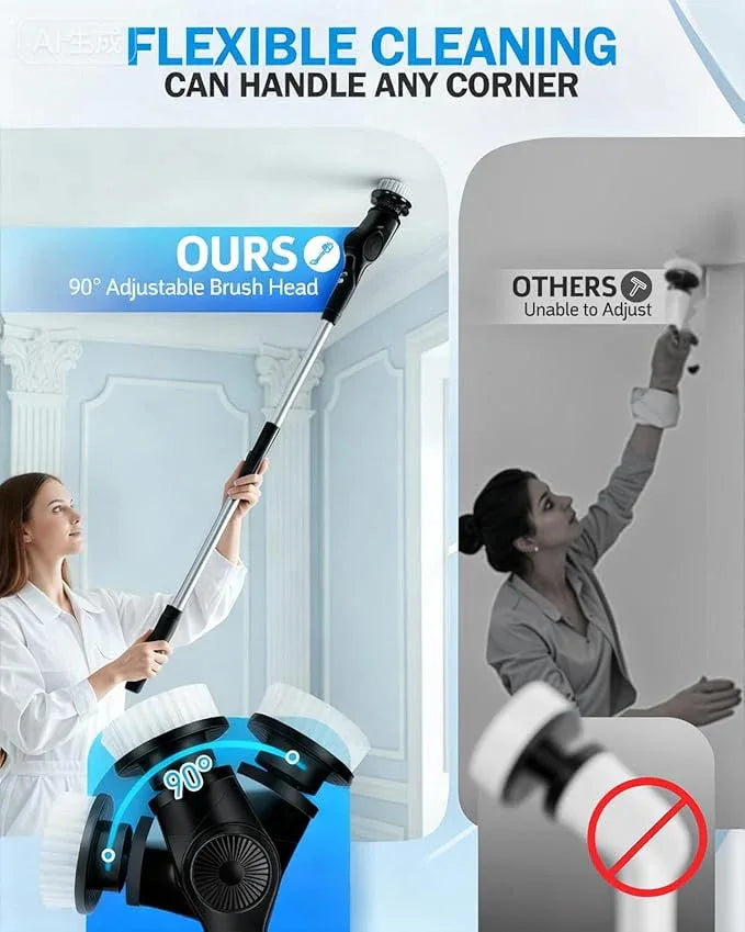 Electric Spin Scrubber, 3-Speed Cordless Shower Scrubber with 90° Adjustable & 10 Replaceable Brush Heads, 90 Mins Runtime & Full-Body IPX7 Waterproof Shower Cleaner Brush with Long Handle - NeatNest