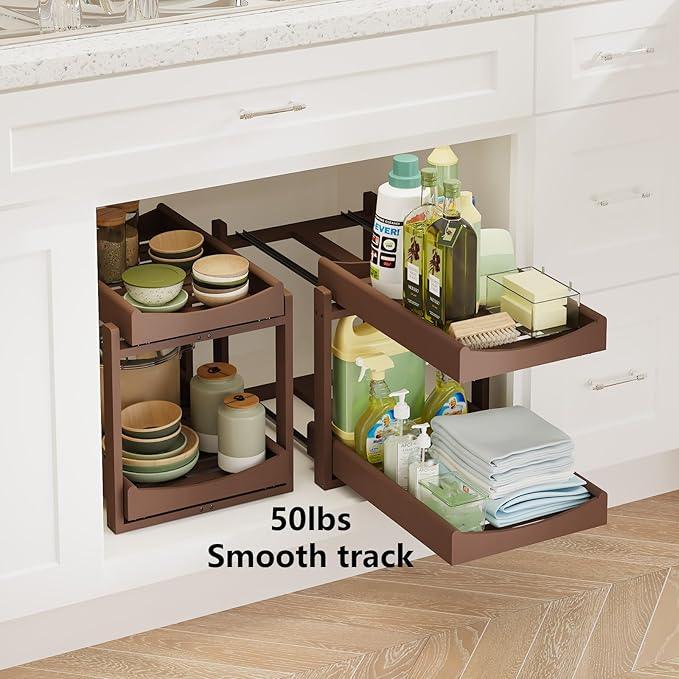 Bamboo Under Sink Organizer Adjustable Height 2 Tier Bathroom Organizer Pull Out Cabinet Storage Kitchen Heave Duty Wood Slide Ou Shelf for Kitchen Bathroom (Brown, 2 Packs) - NeatNest