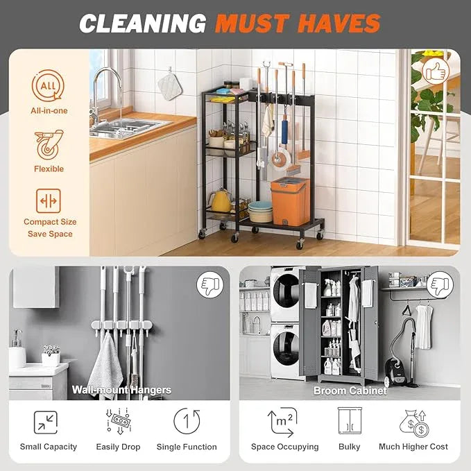 Broom Holder with Cleaning Supplies Organizer, Broom Closet Storage Cabinet with Cleaning Caddy, Cleaning Cart with Mop Hanger Gripper Rack Hooks,Janitorial Cart,Utility Carts Household Essentials - NeatNest