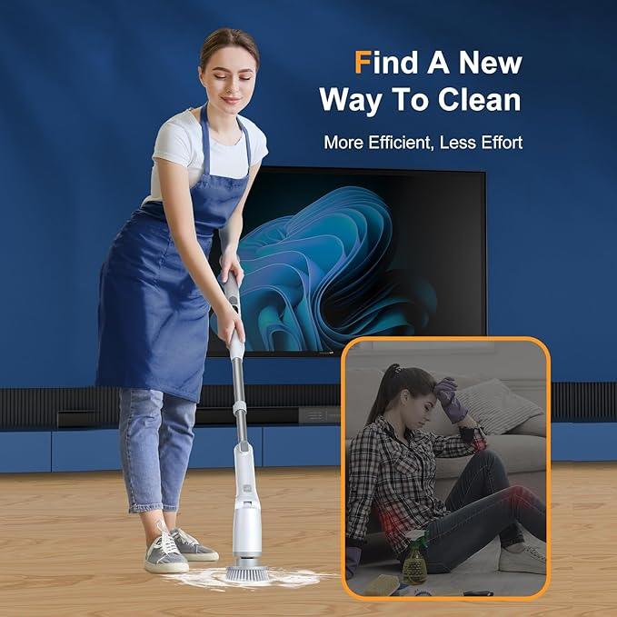 LABIGO Electric Spin Scrubber LA2 Pro, Shower Power Cleaning Brush with Display and 4 Replaceable Heads,2 Adjustable speeds, 3 Extension Handle, for Bathroom Floor Tile - NeatNest