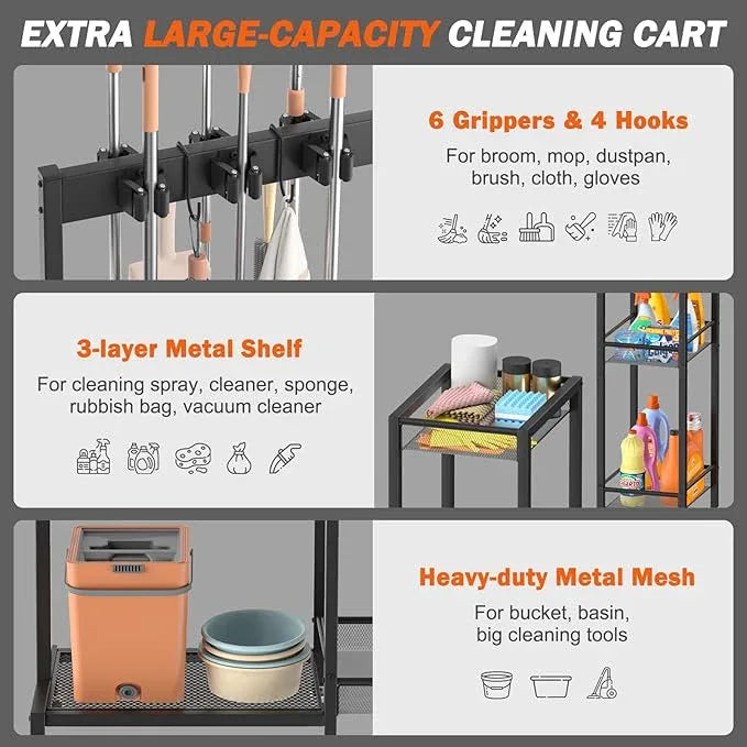 Broom Holder with Cleaning Supplies Organizer, Broom Closet Storage Cabinet with Cleaning Caddy, Cleaning Cart with Mop Hanger Gripper Rack Hooks,Janitorial Cart,Utility Carts Household Essentials - NeatNest