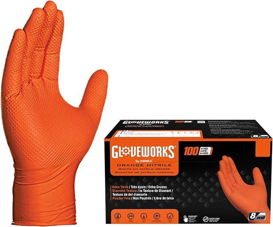 GLOVEWORKS HD Orange Nitrile Disposable Gloves 8 Mil Raised Diamond Texture, 100 - NeatNest