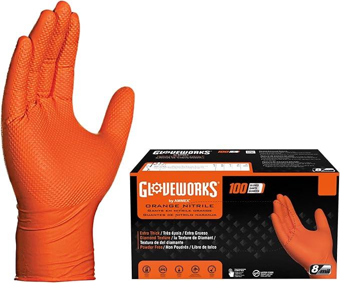 GLOVEWORKS HD Orange Nitrile Disposable Gloves 8 Mil Raised Diamond Texture, 100 - NeatNest