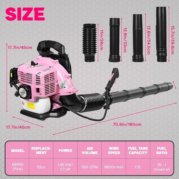 63CC Backpack Leaf Blower Gas Powered, 3HP 2-Stroke Engine, 665CFM High Velocity Air Cooling System, Adjustable Backpack Blowers Gas for Lawn, Garden, Yard, Snow, Gutter Cleaning (Girls Pink) - NeatNest