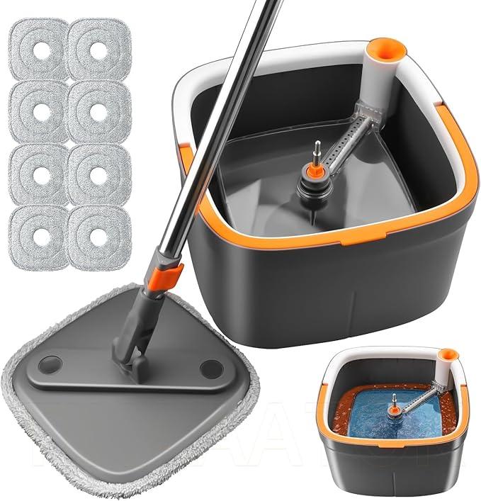 KZKR Spin Mop and Bucket Set with 8 Replaceable Microfiber Mop Pads with Self Separation Dirty and Clean Water System, Self Wringing 360° Rotating Square Mop Head for Hardwood Tile Marble Floors - NeatNest