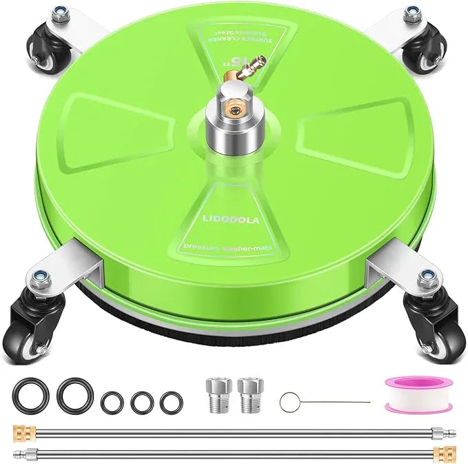 15“ Pressure Washer Surface Cleaner with 4 Wheels - Coated Green Stainless Steel Surface Cleaner for Pressure Washer Attachment for Concrete, Driveway, Patio, Sidewalk, Deck and Driveways - PWS15G - NeatNest
