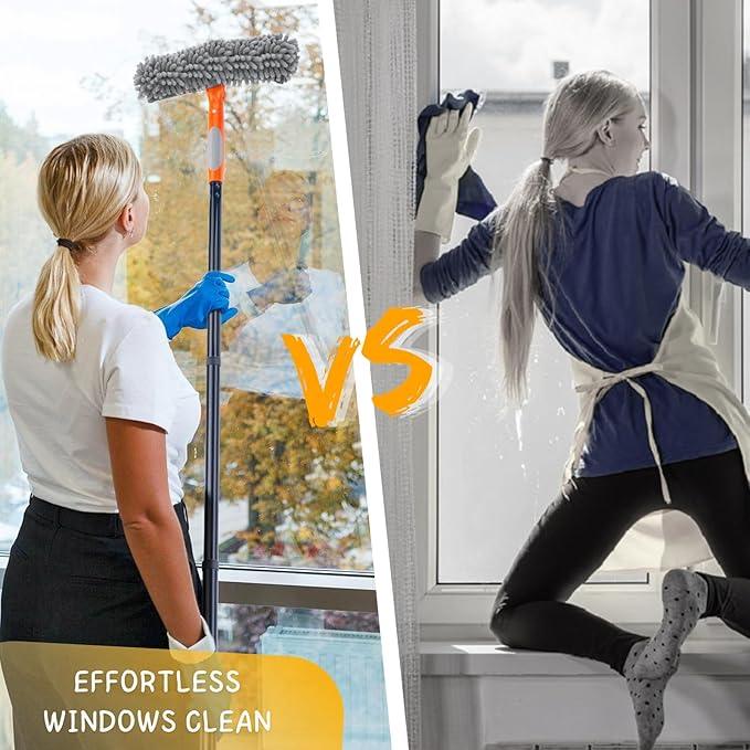 Window Cleaner Tool for Home, 59.5'' Squeegee Kit for Car Windshield, Shower Door, Mirror Cleaning, 2 in 1 Outdoor Glass Washer with Extension Pole - NeatNest