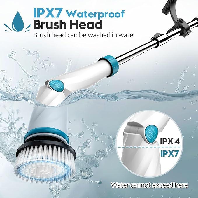 1500RPM Electric Spin Scrubber, 8 Brush Heads Electric Scrubber for Cleaning, Shower Scrubber with Long Handle and Two Battery, High Power Scrubber with Display for Bathroom/Tub/Floor - NeatNest