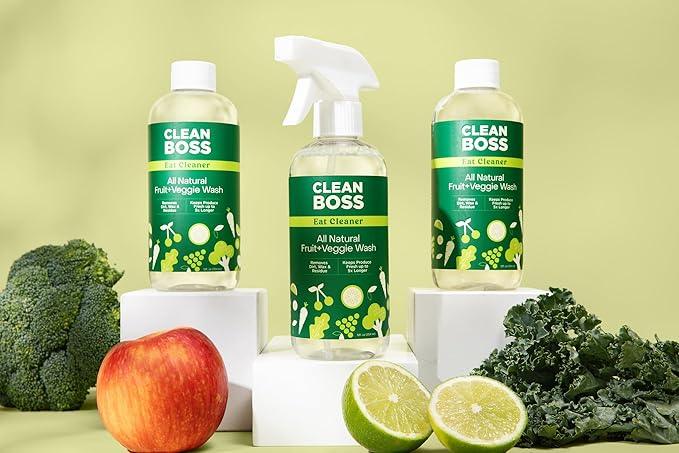 CleanBoss Eat Cleaner Triple-Action Fruit + Veggie Wash - 12 oz, Pack of 3 - Removes Harmful Residue - Keeps Produce Fresh Up to 5X Longer - Includes One Trigger - Vegan, Gluten Free - Improved Nozzle - NeatNest