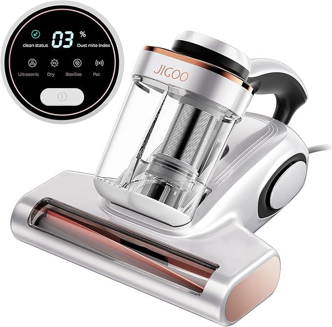 JIGOO Bed Vacuum Cleaner with Dust Sensor, Mattress Vacuum Cleaner with UV & Ultrasonic and High Heating, 13Kpa Suction 500W Powerful Double-Cup Handheld Vacuums (J300, Corded) - NeatNest