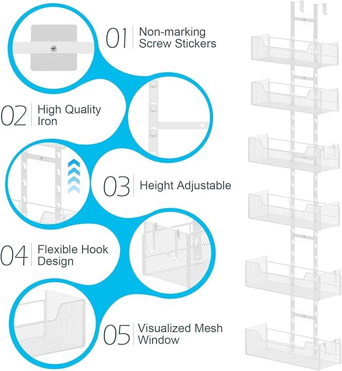 Over The Door Organizer, Metal Hanging Door Organizer with 6 Adjustable Baskets and 5 Hooks, Behind The Door Storage for Closet Pantry Cabinet Kitchen Bathroom Bedroom, White - NeatNest
