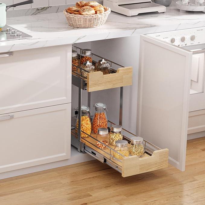 Pull Out Cabinet Organizer,Heavy-Duty Slide Out Shelf, Wood and Wire Basket, Pull Out Drawer for for Kitchen Under Sink Space, Pantry, Bathroom, 2 Tie 9 * 21 in - NeatNest