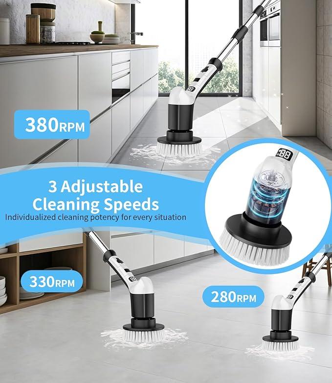 Electric Spin Scrubber with 3 Speed, Adjustable Extension Handle, 8 Brush Heads,Cordless Power Cleaning Brush for Bathroom, Tile, Kitchen-Black - NeatNest