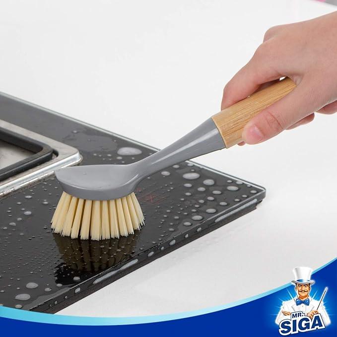 MR.SIGA Dish Brush with Bamboo Handle Built-in Scraper, Scrub Brush for Pans, Pots, Kitchen Sink Cleaning, Pack of 2 - NeatNest