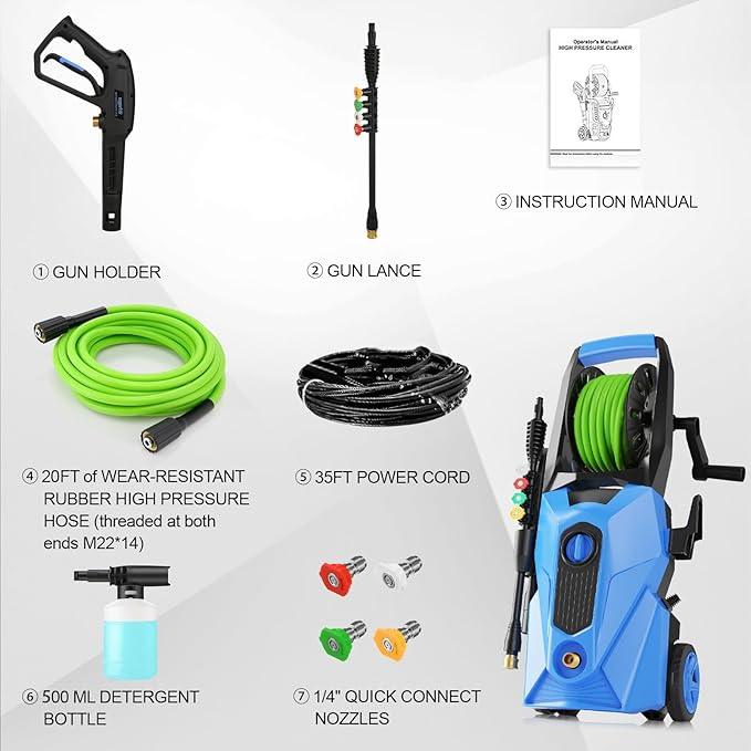 5000PSI Power Cleaner with 33FT Pressure Cleaner Hose, 4 Nozzles for Home/Car(Blue) - NeatNest