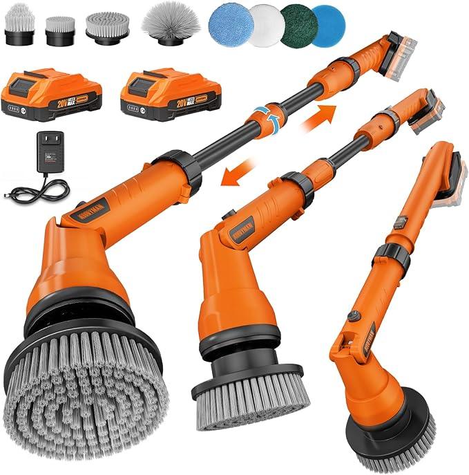 20V Electric Scrubber for Cleaning Floors, Walls - 2 Replaceable Battery Design for Outdoor Garden and Patio Cleaning Stubborn Stains, Telescopic Handle,8 Replaceable Brush Heads - NeatNest