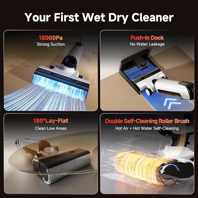 uwant D100 Wet Dry Vacuum Cleaner 180°Lay-Flat Vacuum Mop All in One with 18000Pa Suction Auto Self-Cleaning Anti Odor Stick Pushin Mop Dual-Edge Cleaning Electeic Mop Set for Hard Floor/Carpet,Milky - NeatNest