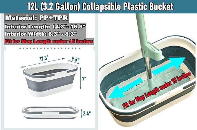 Collapsible Mop Wash Basin Bucket with Handle and Wheels, 12L (3.2 Gallon) Portable Plastic Basket Crate Tub for Storage Organization, Foldable Water Bin Container for Cleaning, Car Washing, Blue - NeatNest