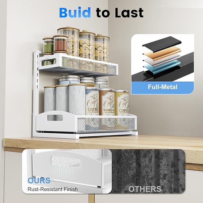 Metal Under Sink Organizer, Pull Out Cabinet Organizer Rack with Silk-Smooth Bottom Drawer, 5-Level Adjustable, Multi-Purpose Storage Shelf for Bathroom, Kitchen, Vanity, Pantry (2-Pack) - NeatNest