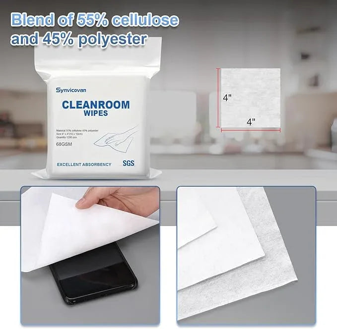 Cleanroom Wipes 4"x4" (1200 Pcs, Cellulose/Polyester Blend, Grade A, 68GSM) Lint Free Wipes for Laboratory, Electronics, Pharmaceutical,Printing,Automotives and Semiconductor Industries - NeatNest