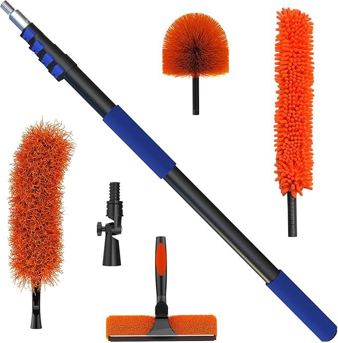 26 Foot High Reach Duster Kit with 5-20 ft Telescoping Extension Pole, High Ceiling Duster, Cobweb Duster, Window Squeegee, Feather Duster, Outdoor & Indoor Extendable Duster Cleaning Kit - NeatNest