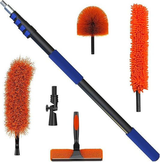 26 Foot High Reach Duster Kit with 5-20 ft Telescoping Extension Pole, High Ceiling Duster, Cobweb Duster, Window Squeegee, Feather Duster, Outdoor & Indoor Extendable Duster Cleaning Kit - NeatNest