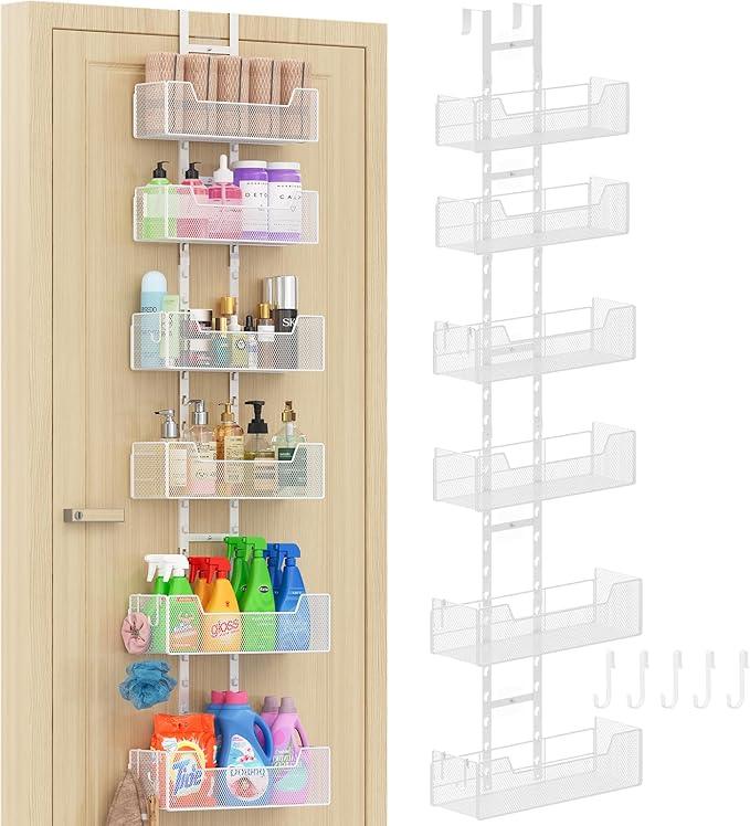 Over The Door Organizer, Metal Hanging Door Organizer with 6 Adjustable Baskets and 5 Hooks, Behind The Door Storage for Closet Pantry Cabinet Kitchen Bathroom Bedroom, White - NeatNest