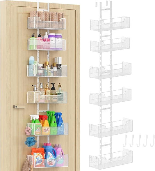 Over The Door Organizer, Metal Hanging Door Organizer with 6 Adjustable Baskets and 5 Hooks, Behind The Door Storage for Closet Pantry Cabinet Kitchen Bathroom Bedroom, White - NeatNest