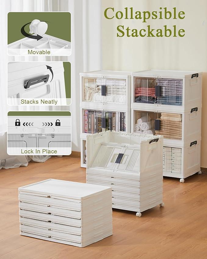 OlarHike 48QT Stackable Storage Bins with Lids - Folding Storage Boxes with Doors and Wheels, Collapsible Plastic Storage Organizer for Closets, Storage and Organization, 6 Pack Cubes - NeatNest