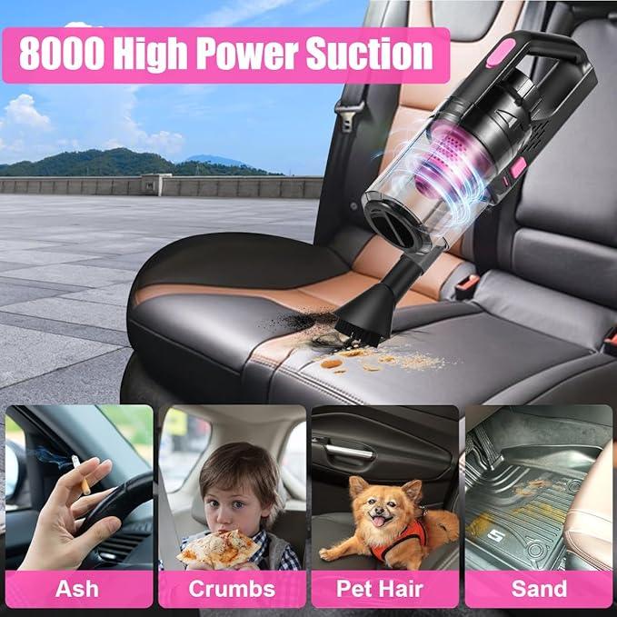 Viewsun Car Vacuum Cordless Rechargeable, 8000PA High Power Handheld Vacuum Cleaner with 17PCS Car Cleaning Kit, Pink Auto Accessories for Women Gift - NeatNest