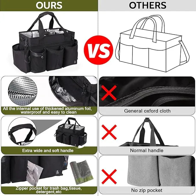 Large Wearable Cleaning Caddy Bag with Detachable Divider, Cleaning Organizer with Handles, Cleaning Supply Tote with Adjustable Shoulder Strap&Waist Belt for Cleaners & Housekeeper (Black) - NeatNest