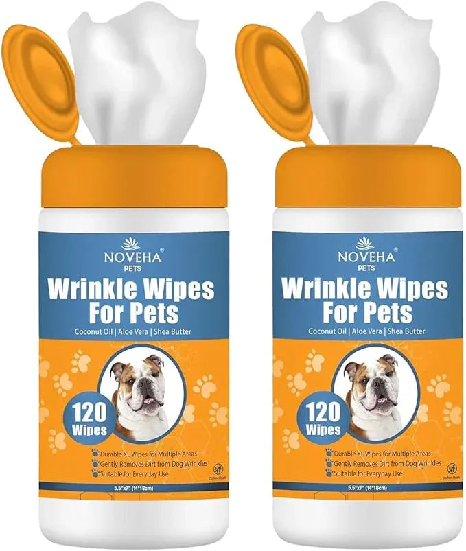 NOVEHA 240PCs - Wrinkle XL Wipes for Dogs | Wipes for Bulldog, French Bulldog, Pug, English Bulldog – Wipes for Multiple Areas Removes Dirt, Wrinkles, Folds, Tear Stain, Tail Pockets & Paws (2Pack) - NeatNest