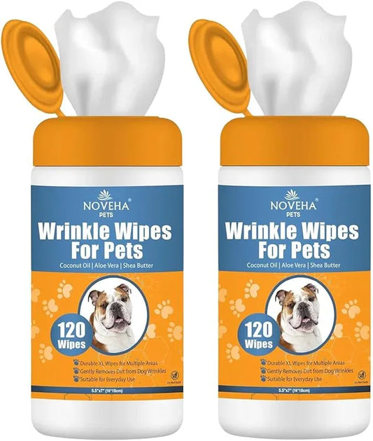 NOVEHA 240PCs - Wrinkle XL Wipes for Dogs | Wipes for Bulldog, French Bulldog, Pug, English Bulldog – Wipes for Multiple Areas Removes Dirt, Wrinkles, Folds, Tear Stain, Tail Pockets & Paws (2Pack) - NeatNest