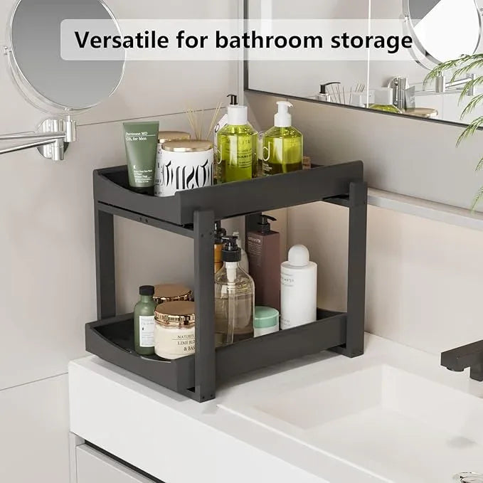 Bamboo Under Sink Organizer Adjustable Height 2 Tier Bathroom Organizer Pull Out Cabinet Storage Kitchen Heave Duty Wood Slide Ou Shelf for Kitchen Bathroom (Black, 1 Pack) - NeatNest