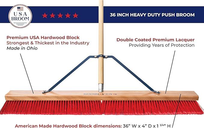 USA Broom 36" Everyday Sweep Indoor/Outdoor Push Broom with 60" Handle. Ideal for Garages & Shops. Durable American Made Steel Brackets-All Stainless Steel Hardware. No Plastic. 100% Made in The USA. - NeatNest