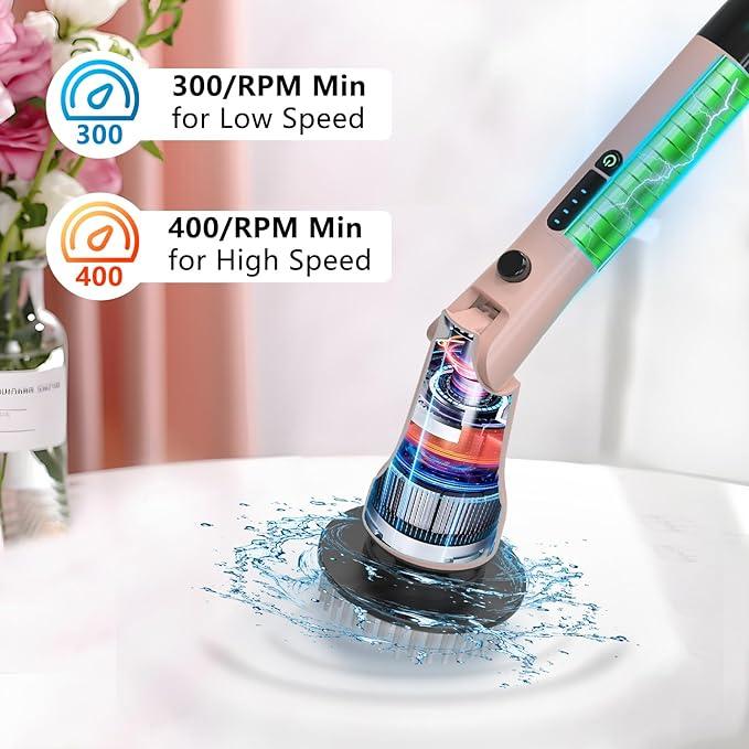 Electric Spin Scrubber, Hillyfe Bathroom Scrubber Electric with 7 Replaceable Brush Heads, IPX7 Waterproof,300/400 RPM, 3 Adjustable Length,Scrubber Brush Electric for Bathtub Floor,Pink - NeatNest