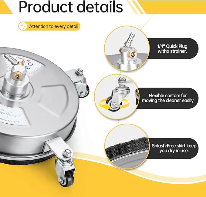 Realyou 14" Pressure Washer Surface Cleaner with 4 Wheels, Stainless Steel Surface Cleaner for Pressure Wahser, Power Washer Surface Cleaner for Concrete, Patio, Sidewalk, Deck and Driveways - NeatNest