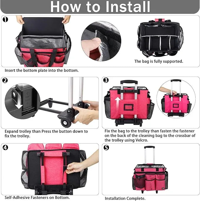 Extra Large Rolling Cleaning Caddy Bag with Detachable, Foldable Trolley Portable Cleaning Cart for Housekeeping Cleaning Caddy with Adjustable Shoulder Strap and Multiple Storage Pockets - NeatNest