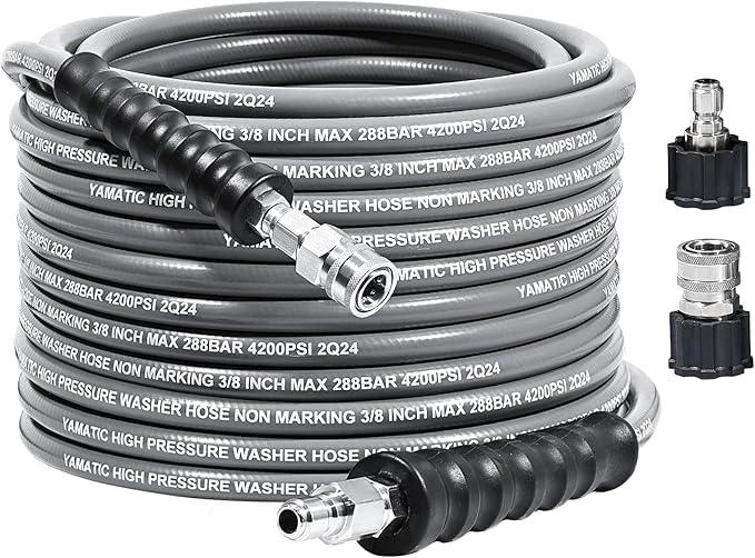 YAMATIC 3/8" Pressure Washer Hose 50FT with Stainless Steel Swivel Quick Connect, 4200 PSI Non Marking Rubber Wear Resistant Steel Braided Industry Grade for Hot/Cold Water Gas Power Washer - NeatNest