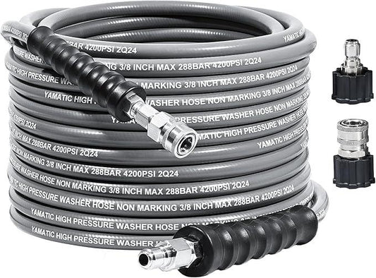 YAMATIC 3/8" Pressure Washer Hose 50FT with Stainless Steel Swivel Quick Connect, 4200 PSI Non Marking Rubber Wear Resistant Steel Braided Industry Grade for Hot/Cold Water Gas Power Washer - NeatNest