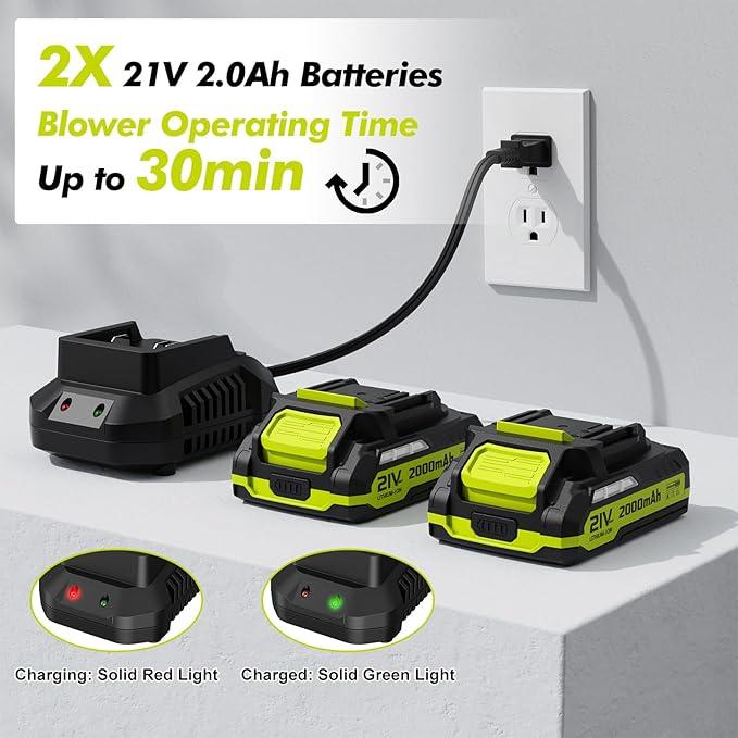Leaf Blower Cordless - 21V Powerful Electric Leaf Blower with 2 Batteries and Charger, 2 Speed Modes, 2.0Ah Lightweight Battery Powered Leaf Blowers for Lawn Care, Patio, Dust, Blowing Leaves - NeatNest