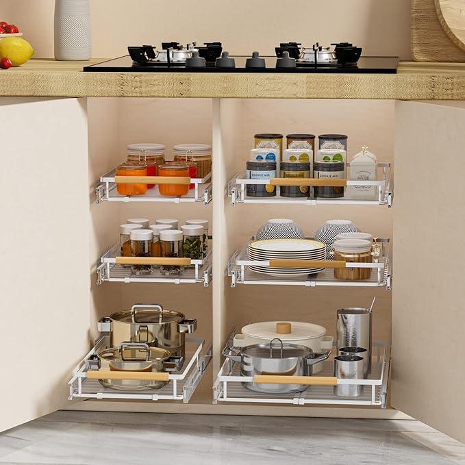 SANNO Pull Out Cabinet Organizer, Slide Out Cabinet Shelf,Under Sink Slide Out Cabinet Organizer, Pots Pans Organizer Smooth Roll,Expandable Width 16.1 to 26.4" W - NeatNest