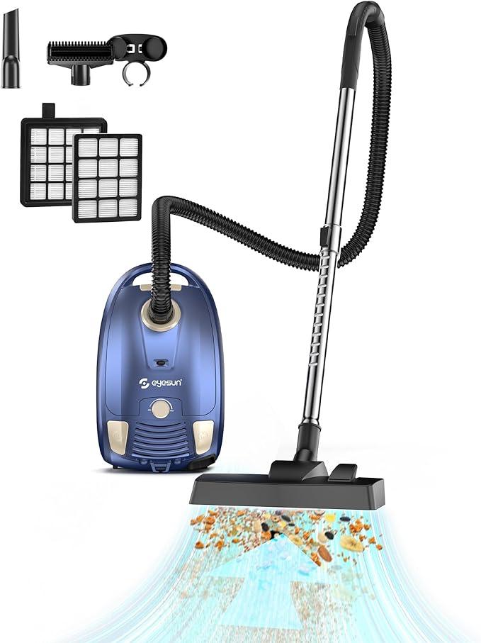Bagged Canister Vacuum Cleaner,1400W Powerful High-Suction Bagged Canister Vac with 3.7QT Dust Bags,Pop-N-Go Brush,HEPA Filter,Dual Motors&4 Cleaning Tools,Perfect for Low-Pile Carpets&Hard Floors - NeatNest